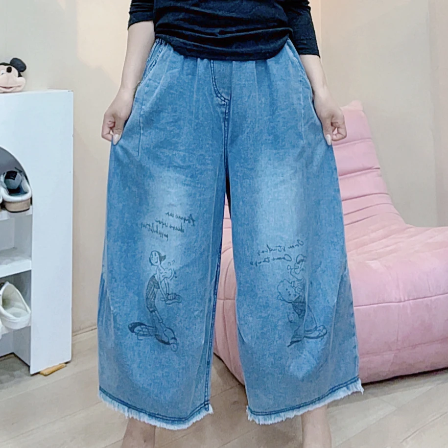 4136韩版夏季大力水手印花宽松潮流洋气女八分牛仔裤