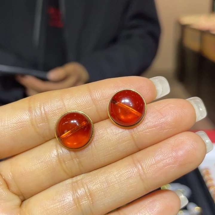 清***竹血珀银S925镶嵌耳饰