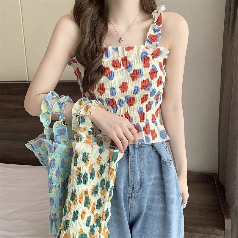 甜辣雪纺木耳边碎花百褶背心女2025韩版夏清新弹力修身吊带潮