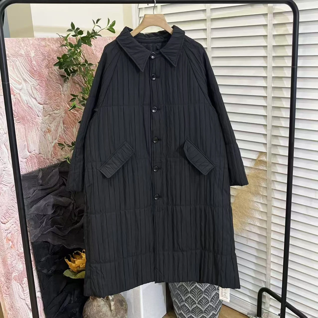 简约气质大版「褶皱设计翻领」长款棉衣女E6257