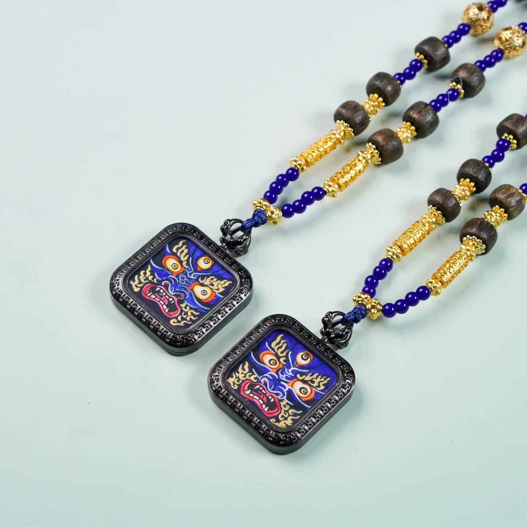 扎西德勒*唐卡蓝底大黑天方形吊坠*多样性发一