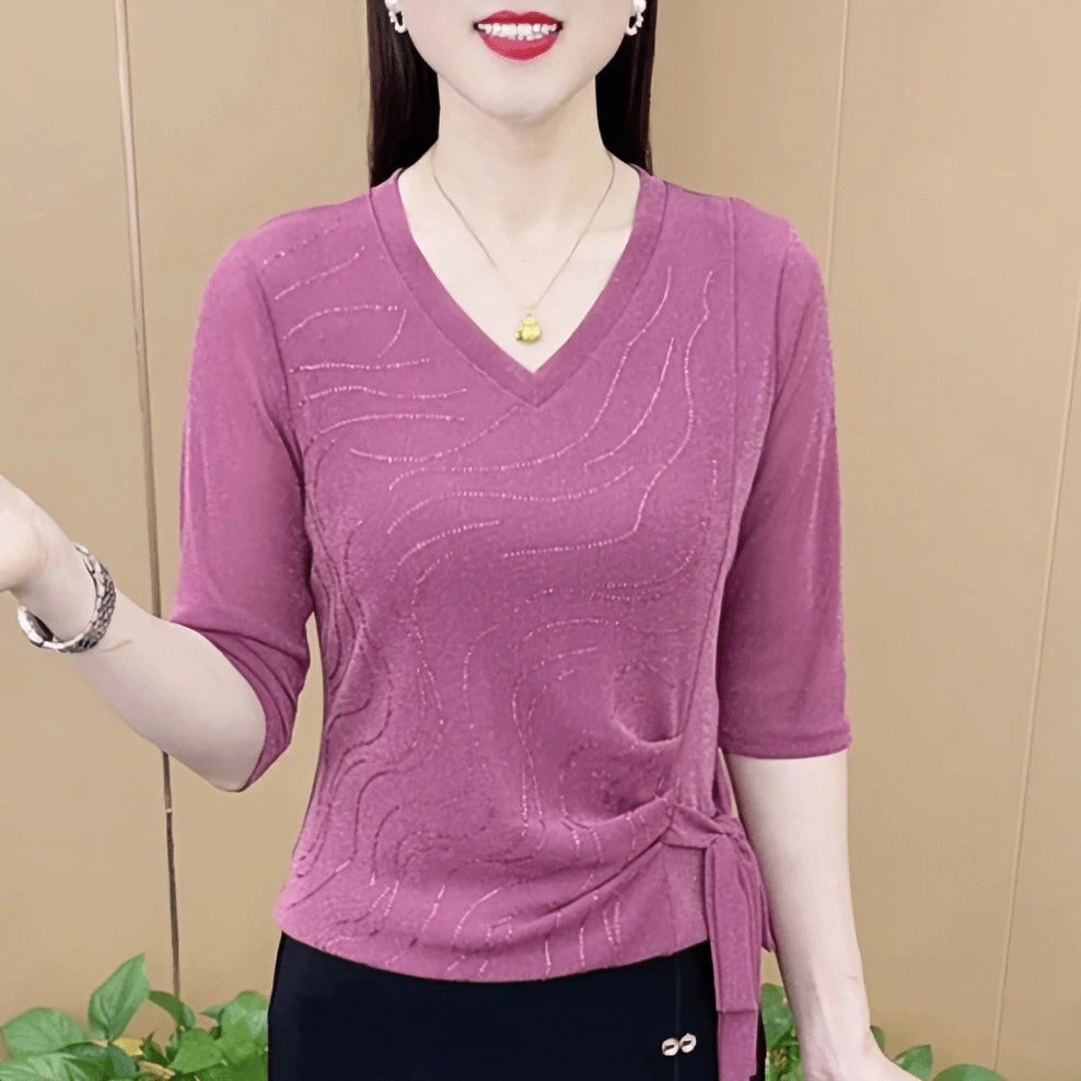 夏秋新款时尚V领绑带烫钻中袖洋气女减龄轻奢风修身T恤打底衫