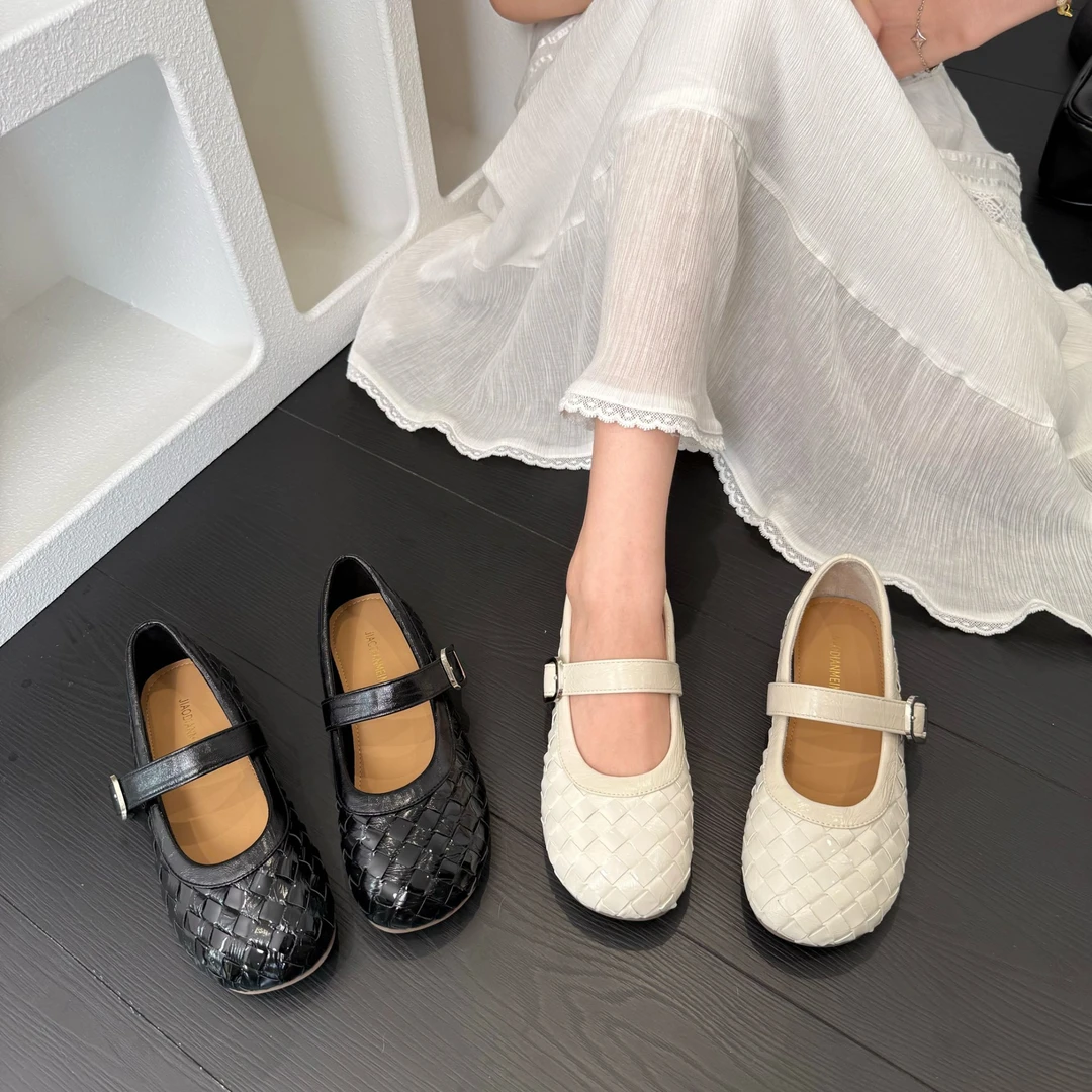 Tagabe玛丽珍2025温柔罗马舒适平底鞋一字扣浅口编织单鞋仙女风女