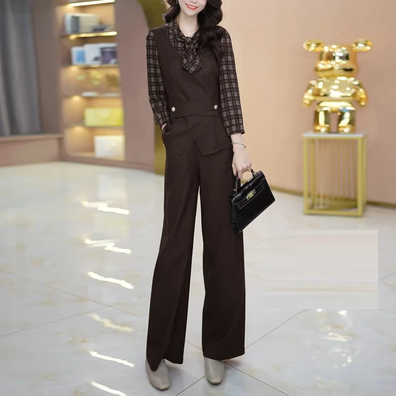时尚休闲拼接套装2025秋季新款女士优雅气质显瘦遮肉阔腿裤两件套