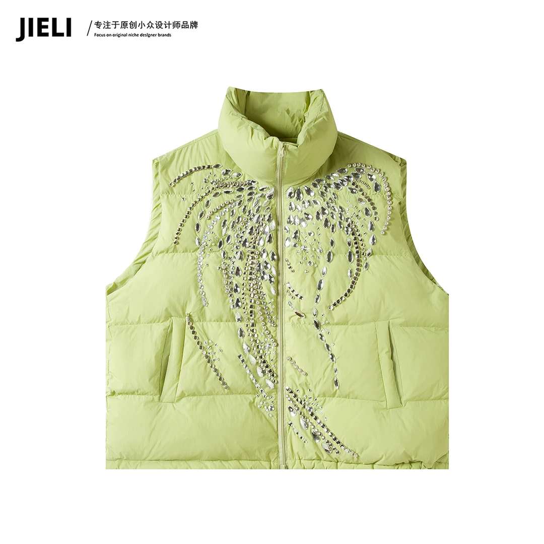 JIE LI/街力高奢原创小众设计师手工定制款绿色马甲羽绒女A9965