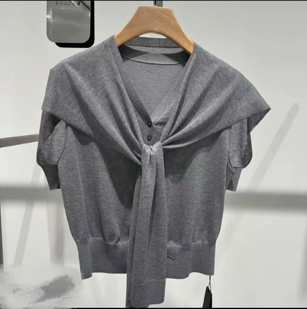 迪家2025夏季新款简约气质休闲百搭披肩针织衫短袖T恤上衣女3129