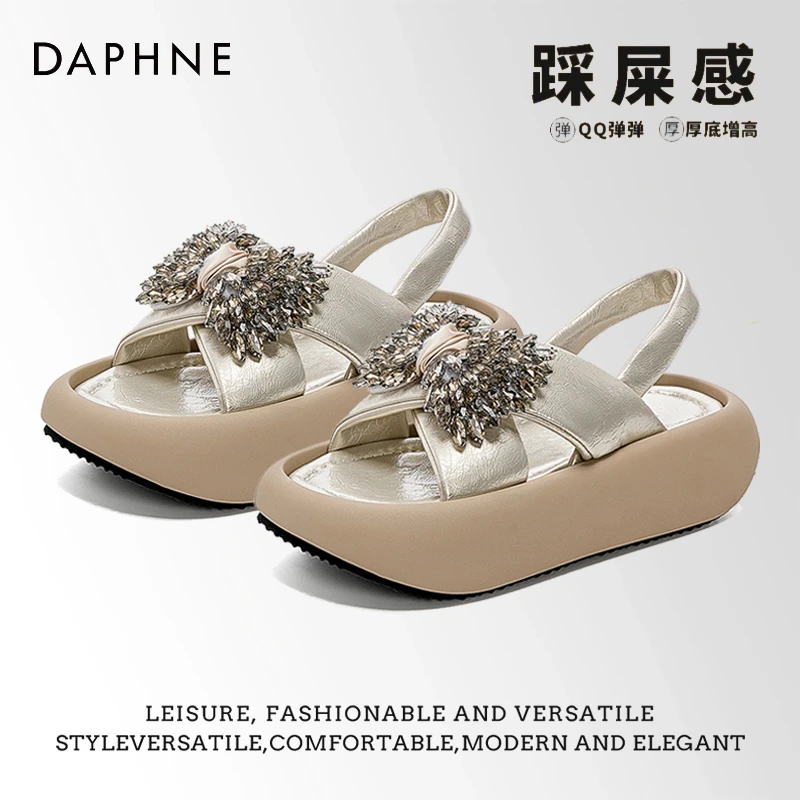 达芙妮厚底凉鞋女生外穿2025夏季新款蝴蝶结凉拖闪钻休闲一字拖S