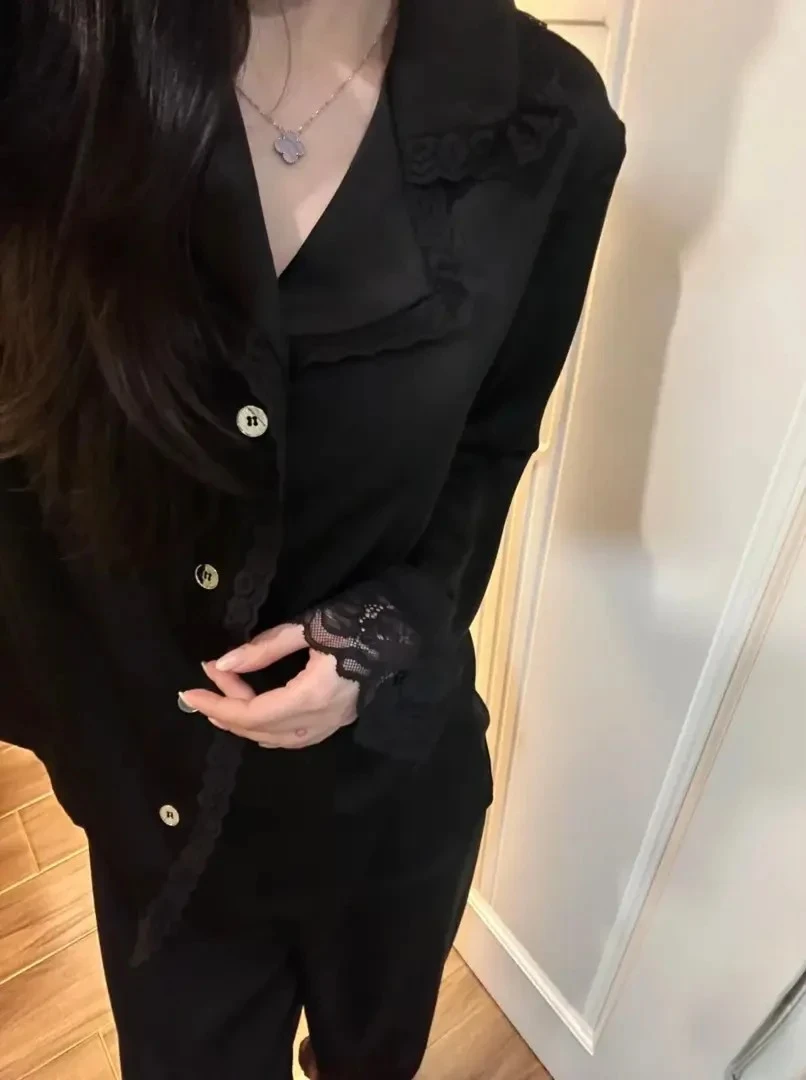 大码睡衣女秋季长袖长裤冰丝缎面法式蕾丝边高级感可外传家居服