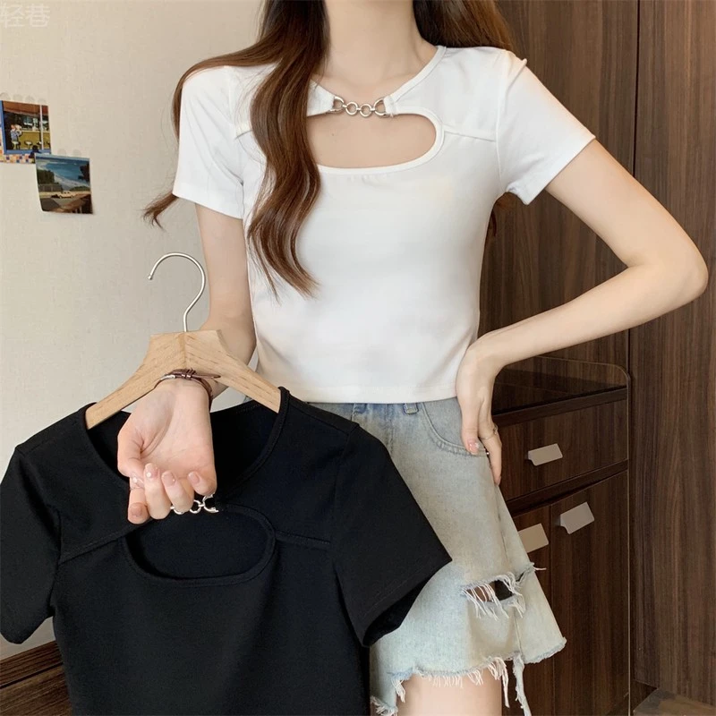 大码镂空正肩甜辣恤女新款夏季胖短袖风法式高腰短款上衣