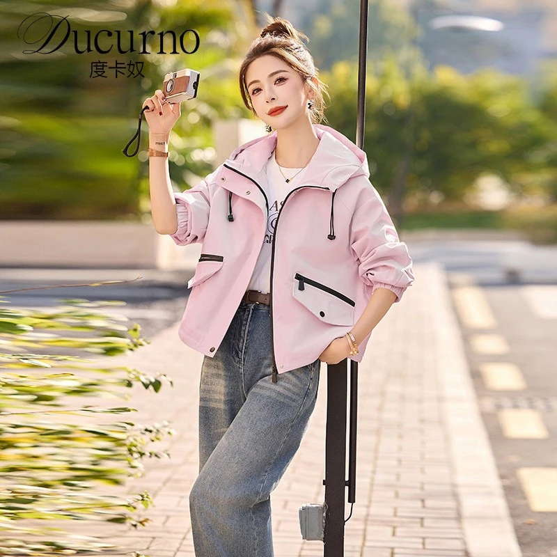 时尚休闲连帽冲锋外套女2025秋季新款韩系高级感百搭通勤夹克上衣