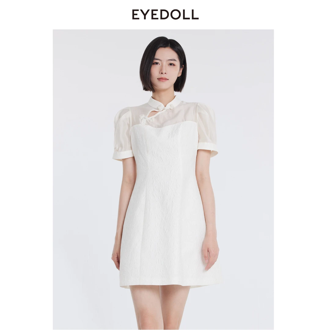 EYEDOLL【商场同款】24夏季新款改良新中式泡泡提花连衣裙短EPB5015