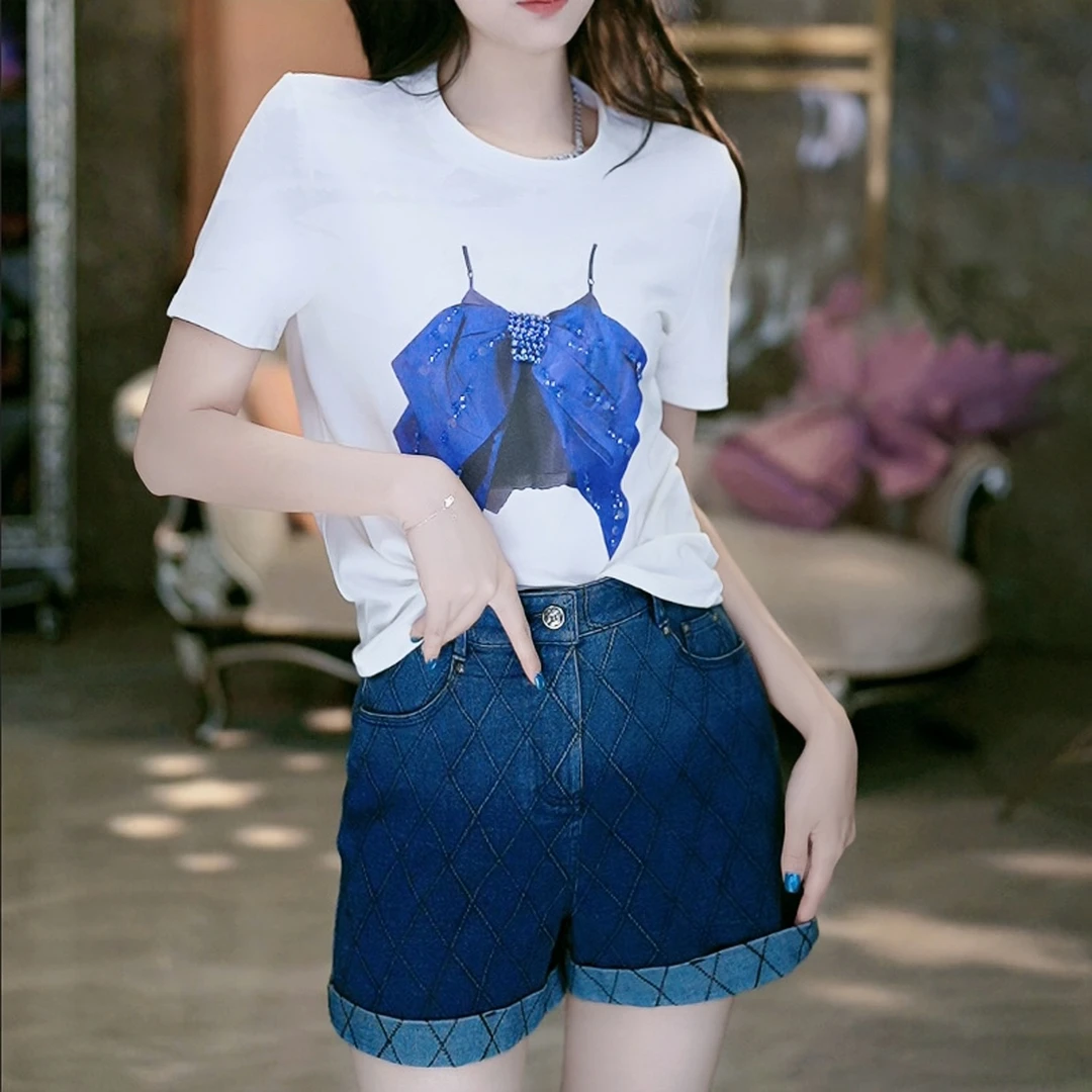 4-16【炙热少女】欧若风时尚休闲百搭夏季印花蝴蝶短袖