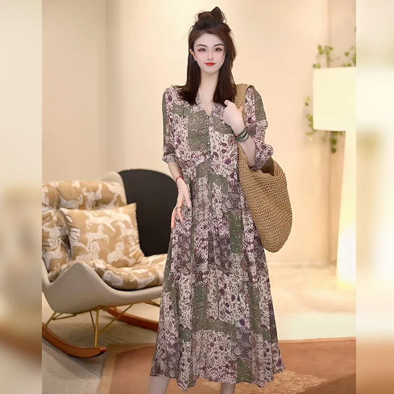 【Linda姐高端线】新款法式轻奢气质复古印花连衣裙AA5LYH0051