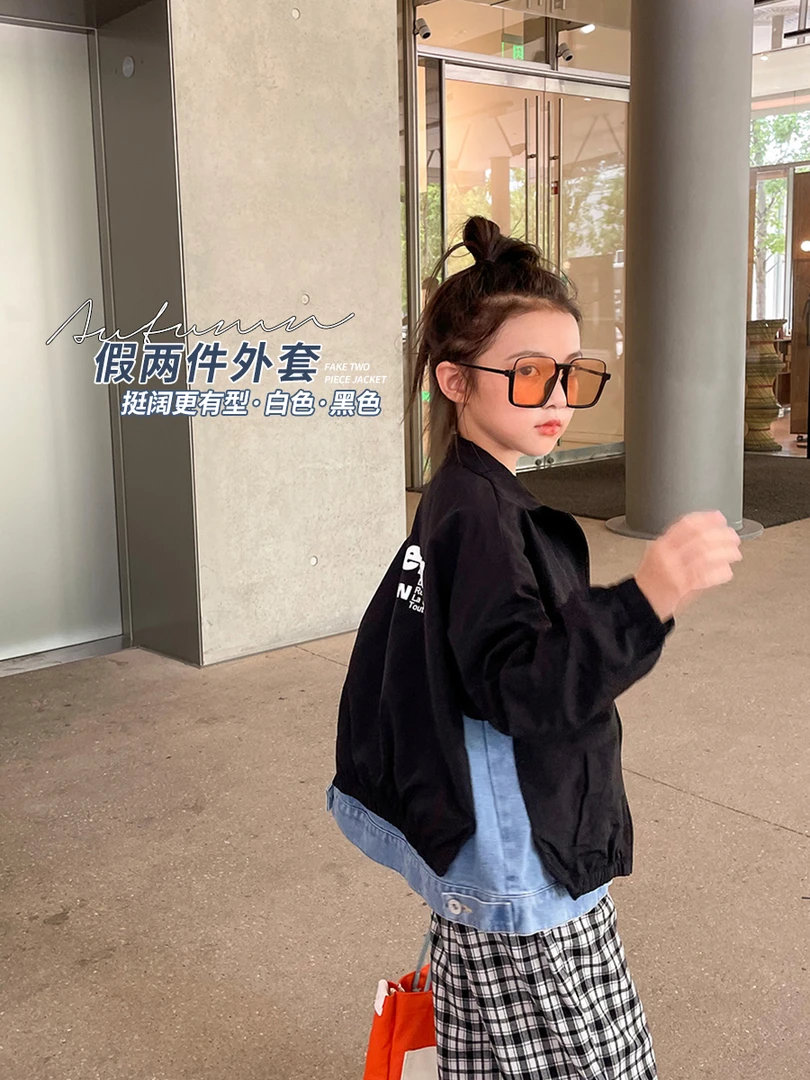 女童外套2021秋季新款中大童洋气牛仔拼接假两件上衣潮WT938