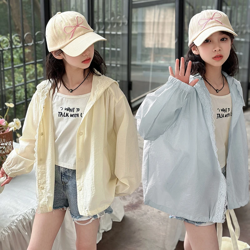 女童防晒衣2025宽松夏季薄款外套轻薄上衣休闲套头连帽民族风百搭