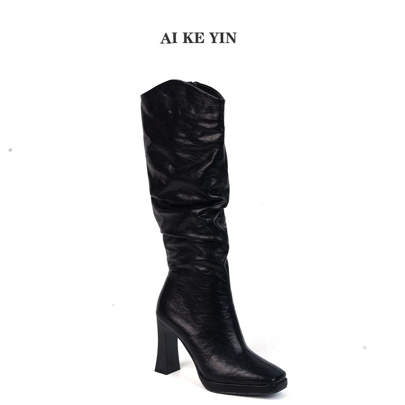 【艾珂茵】秋冬季新款方头防水台侧拉链气质百搭时装堆堆靴薄绒