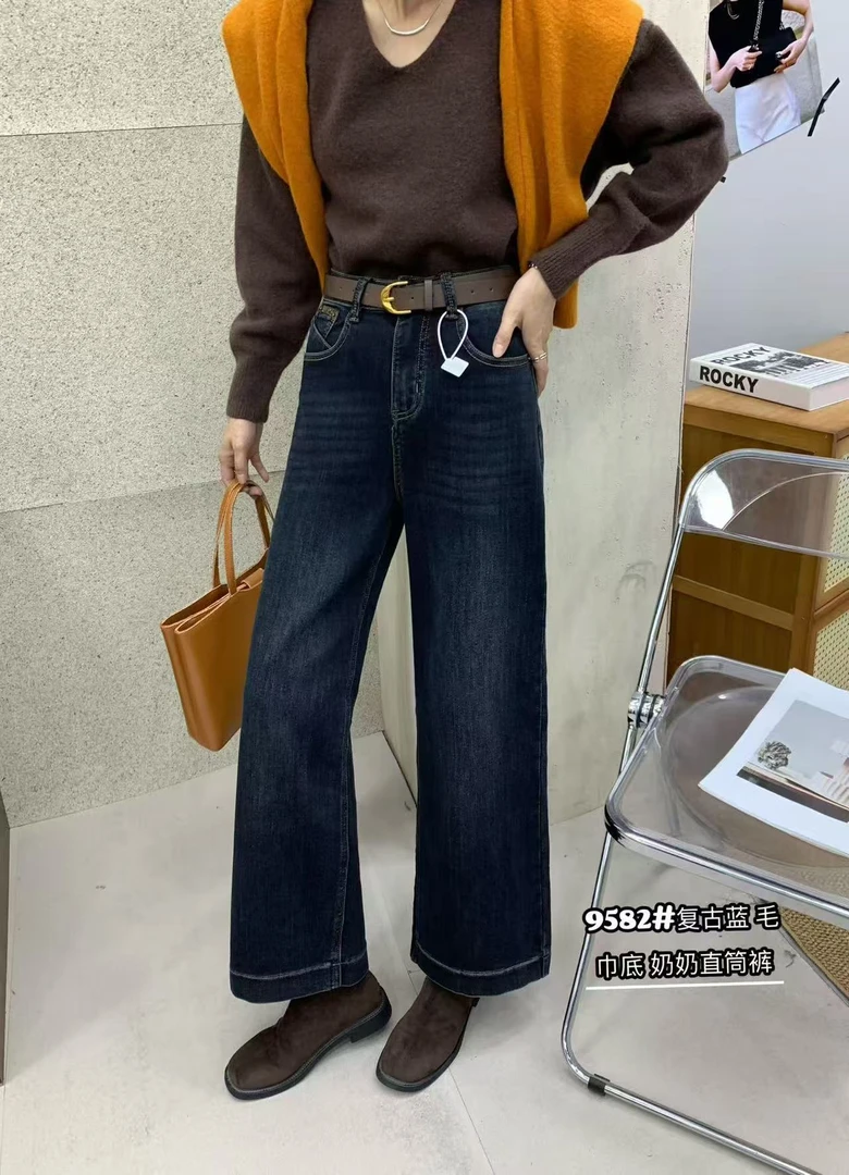 9582冬季新品加毛巾底奶奶阔腿牛仔裤
