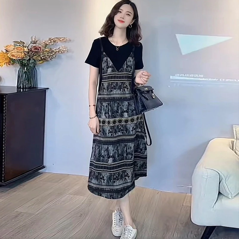 假两件复古宽松连衣裙女2025夏季新款高级感轻奢显瘦韩版爆款裙子