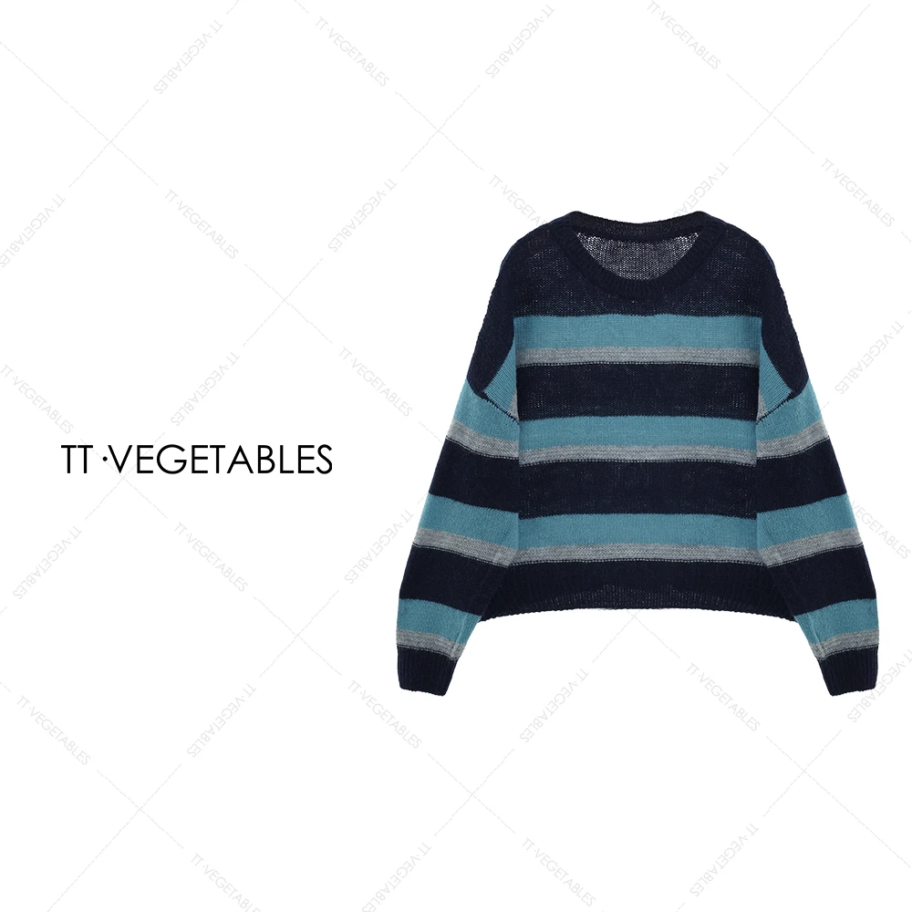 噢芬/小个子【蜗涎】绵羊毛设计感条纹圆领针织衫521931