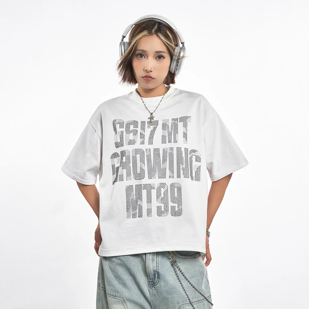 MT99【Y2K设计感烫钻】美式原创街头ins短袖 潮流小领口T恤男女同款