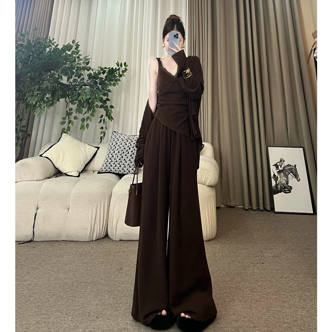 XIAOQIN【柏林纪事】慵懒时尚气质开衫外套+蕾丝吊带垂感套装T307