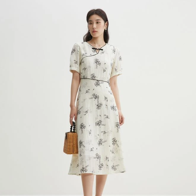 独束微胖M大码女装气质时尚复古【清风竹影】新中式连衣裙24DS82031