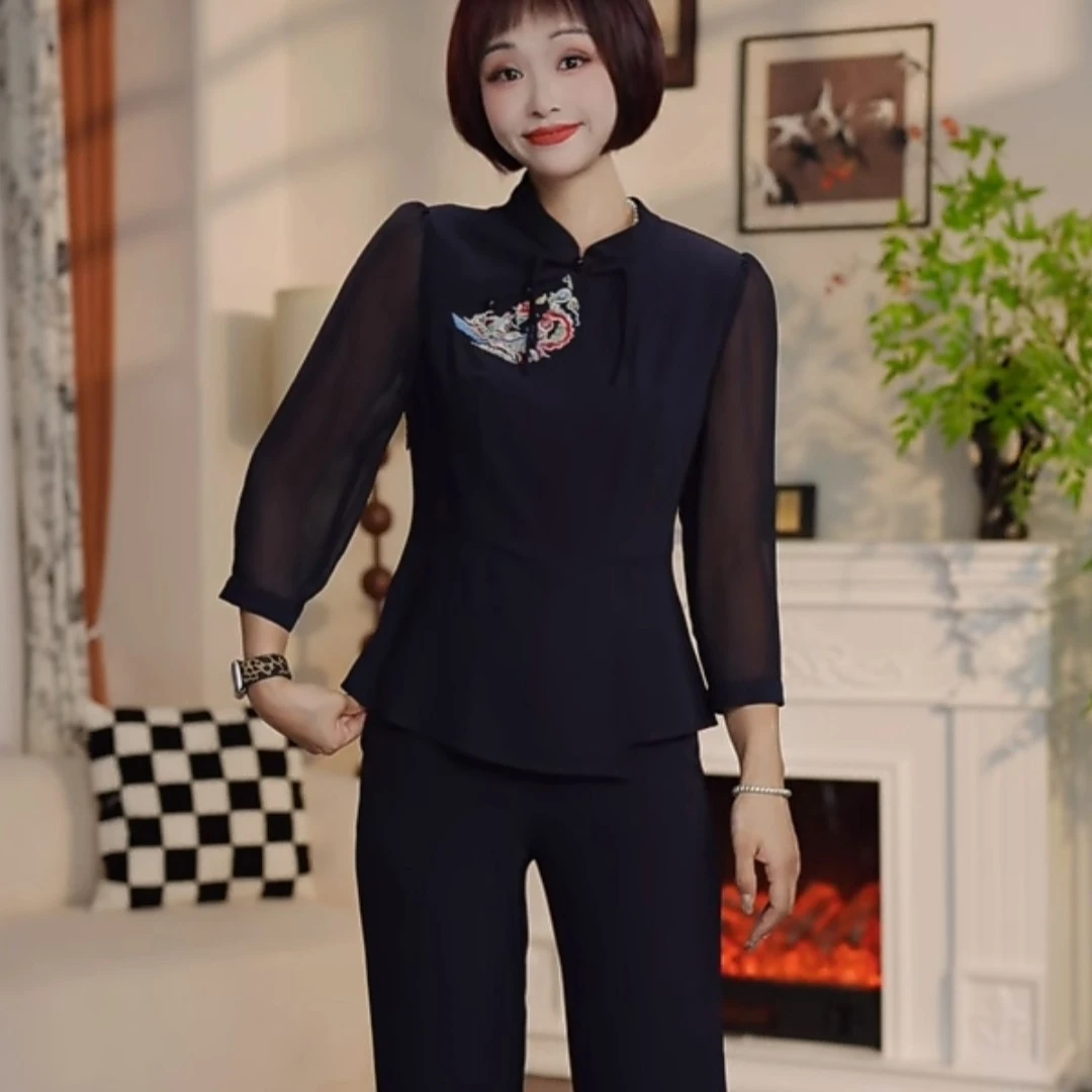 T333秋季国风长袖上衣直筒裤两件套套裤AT