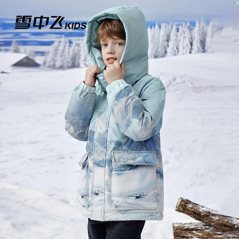 雪中飞童装儿童羽绒服男童冬季新款中大童洋气印花加厚女童羽绒服