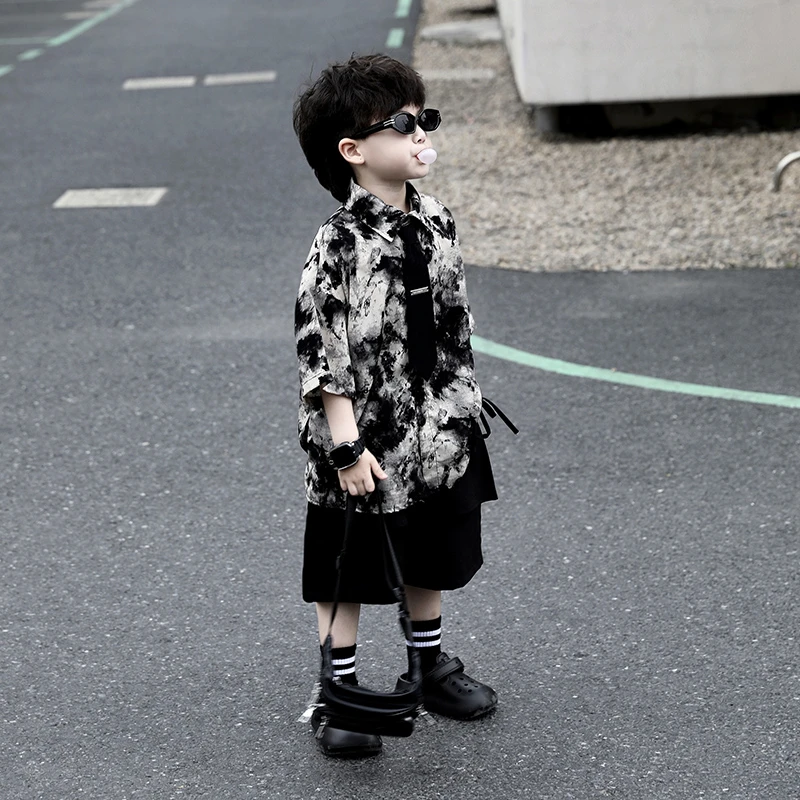 【现货】Jimmy妈童装 文人墨客 夏季儿童水墨扎染短袖衬衫短裤套装