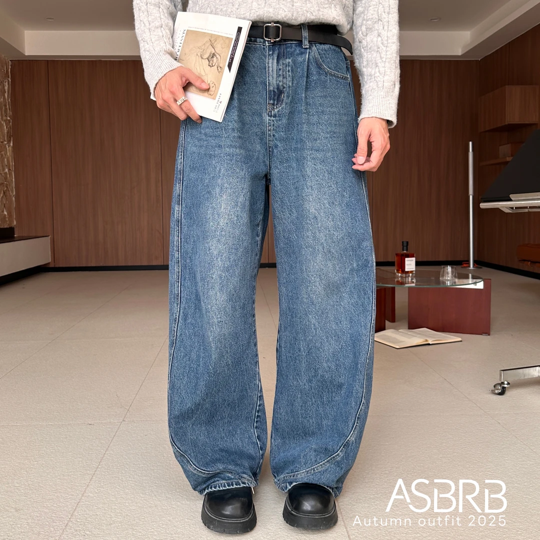 【ASHENG BRB】25A/W 13OZ复古水洗蓝牛王男自然猫须宽松直筒微弯