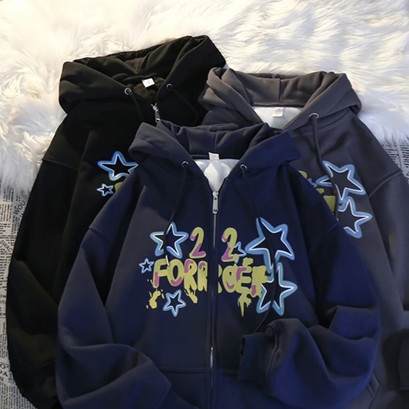 星星涂鸦字母印花连帽拉链开衫女秋冬新款加绒宽松oversize情侣装