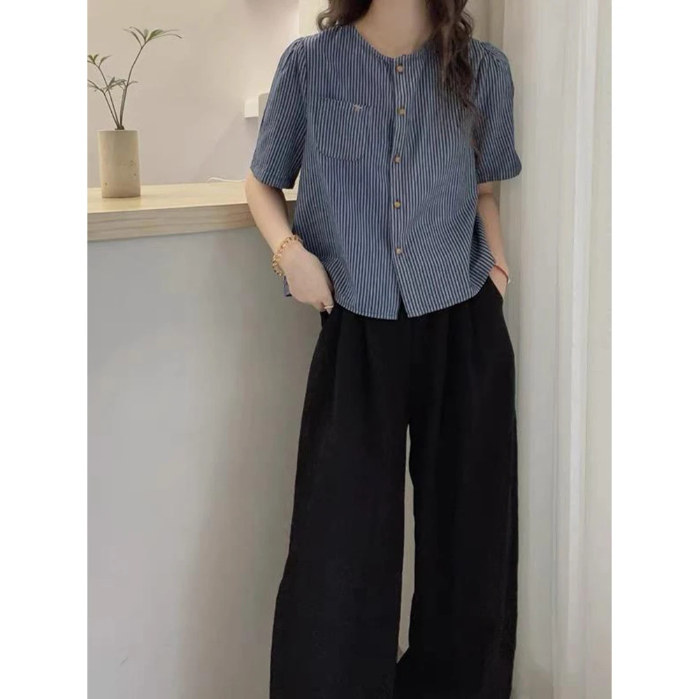 2026夏季法式小众文艺感条纹衬衫百搭时尚洋气减龄显瘦短袖衬衫女