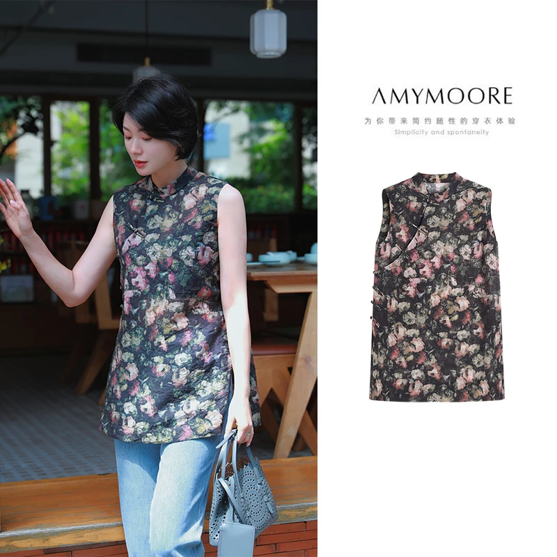 AMYMOORE艾莫尔女装2025年夏季衬衫无袖碎花国风薄款透气431713