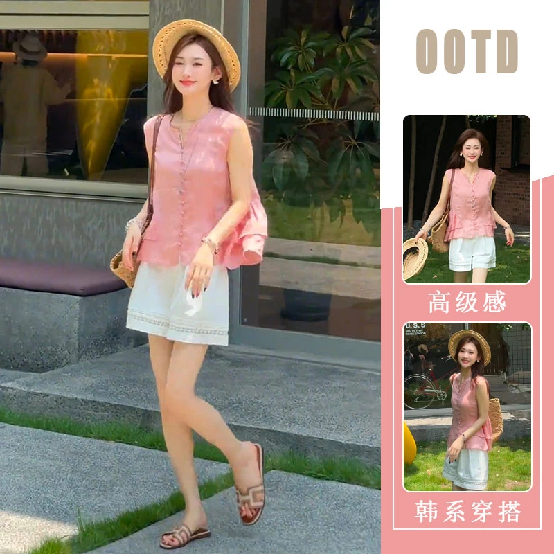 夏日绝美巨好看套装韩系温柔风时尚减龄荷叶边无袖衬衫短裤两件套