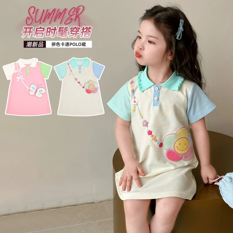 新款夏季学院风透气珠地棉女童花朵印花短袖连衣裙