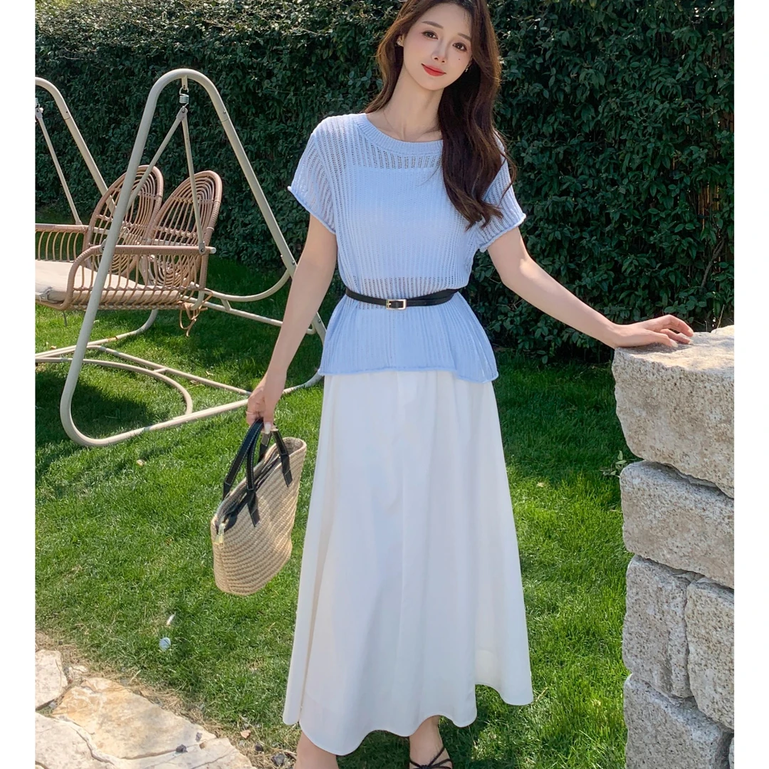 休闲套装女2025夏季新款小香风法式赫本风镂空罩衫加半身裙两件套