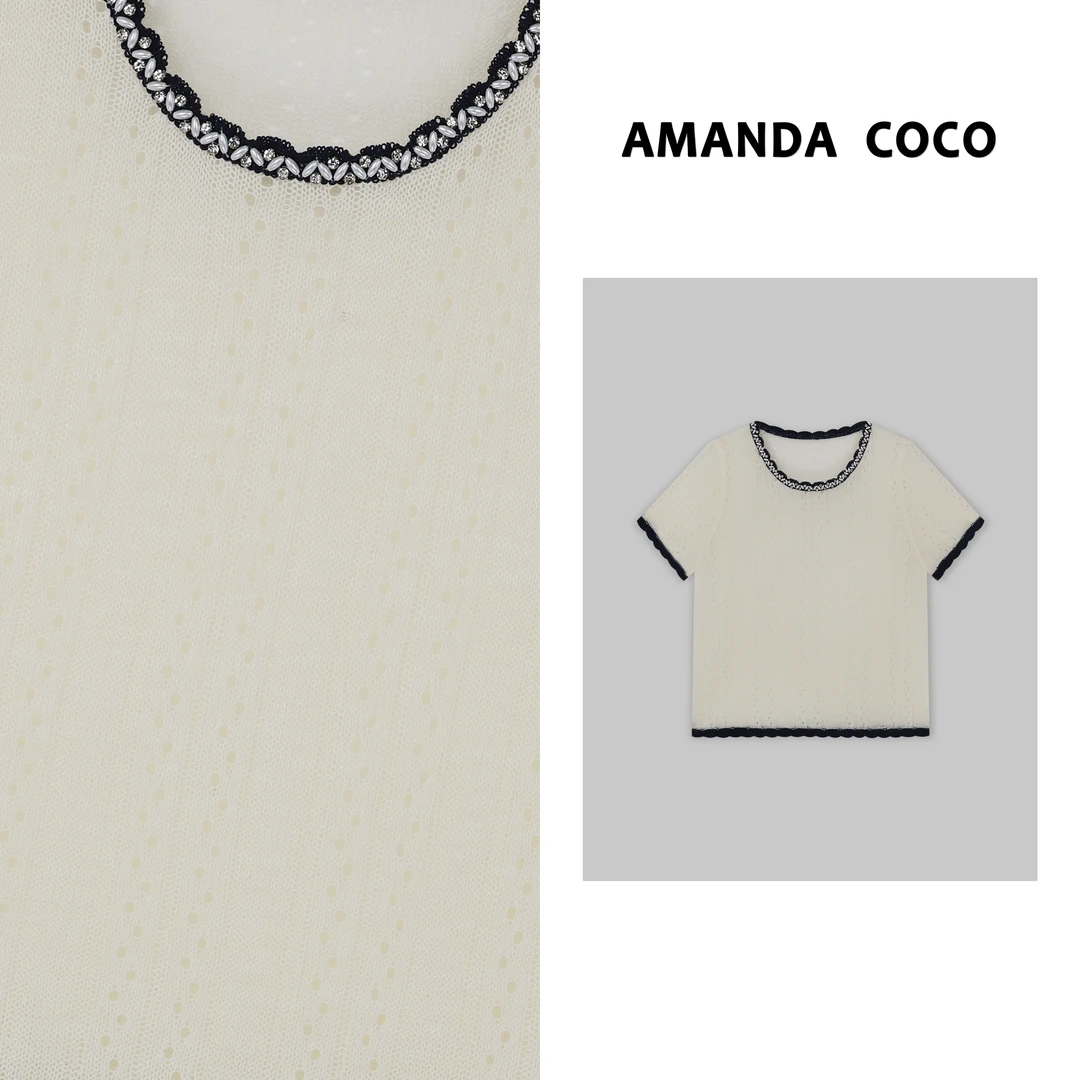 灿灿#氧感针韵～夏季薄款串珠撞色花边减龄镂空短袖针织衫v30164