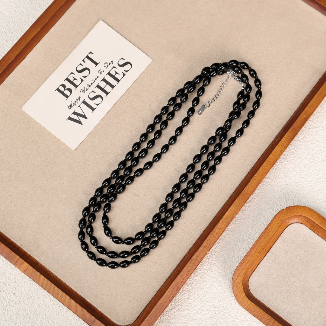 LZ4907黑色瓜子满串大长链多层琉璃项链