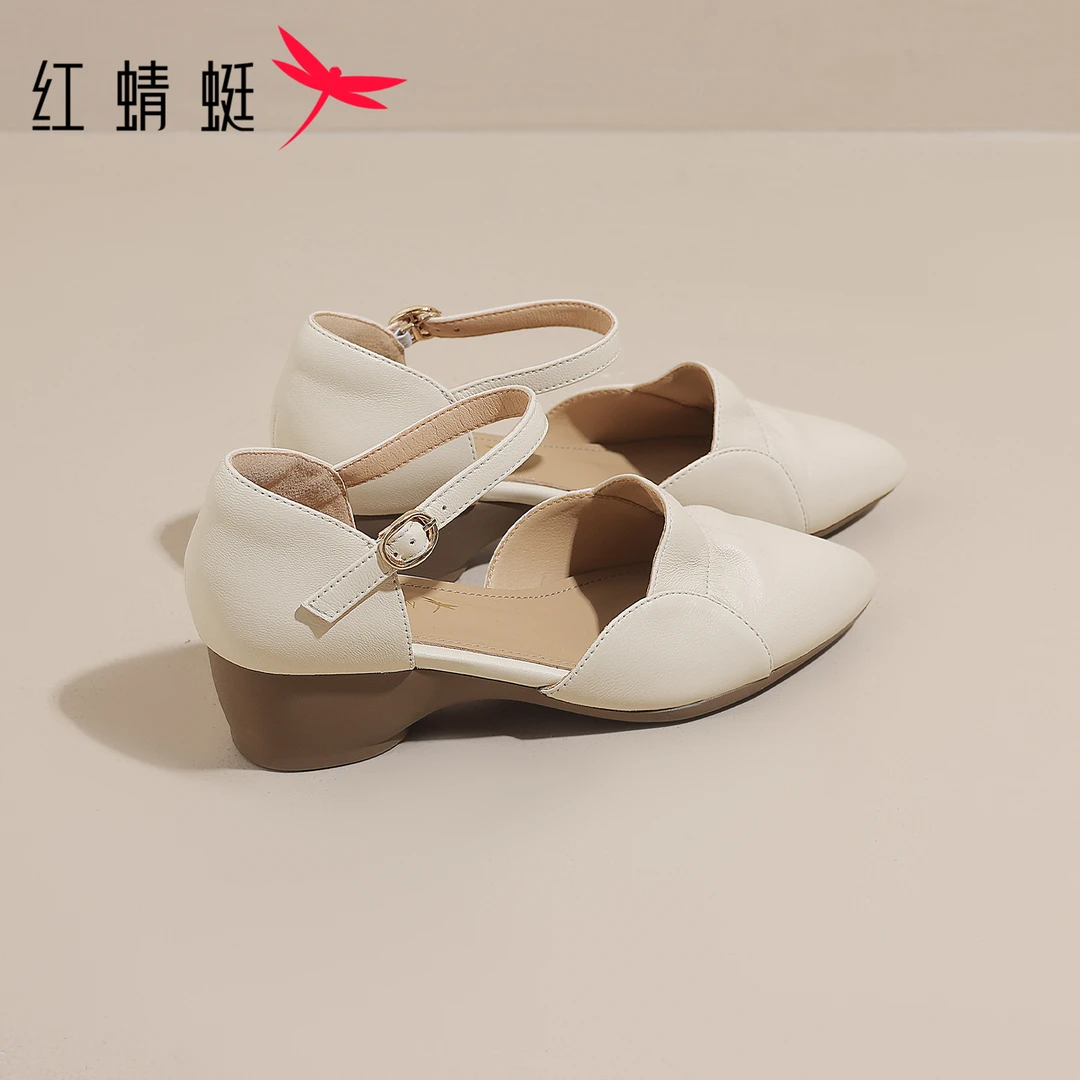 红蜻蜓秋女士真皮低跟凉鞋2025新款包头气质通勤软底时尚百搭单鞋