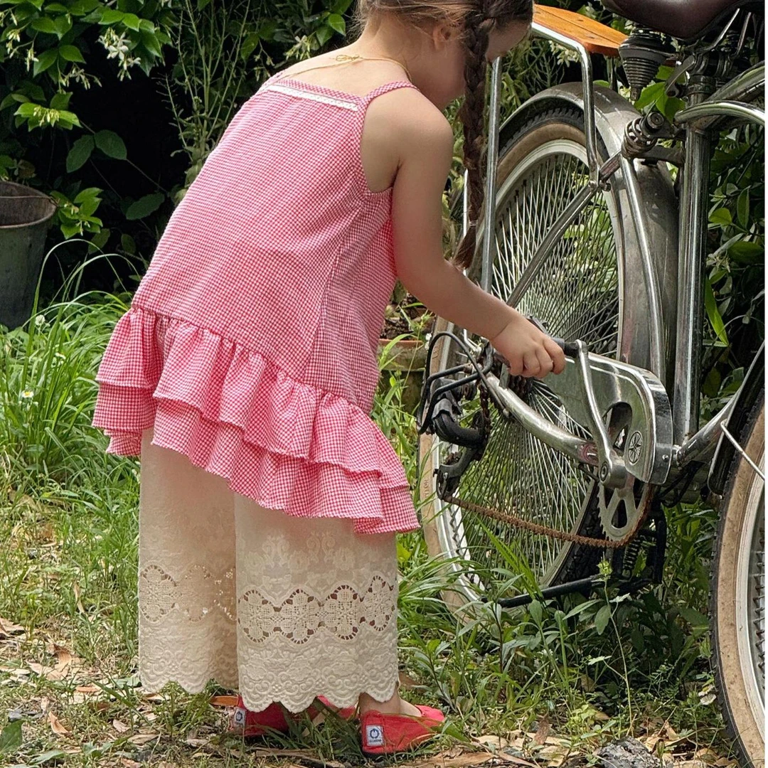 ab.baby韩系童装2025夏季女童吊带衫无袖背心格子木耳边套头上衣