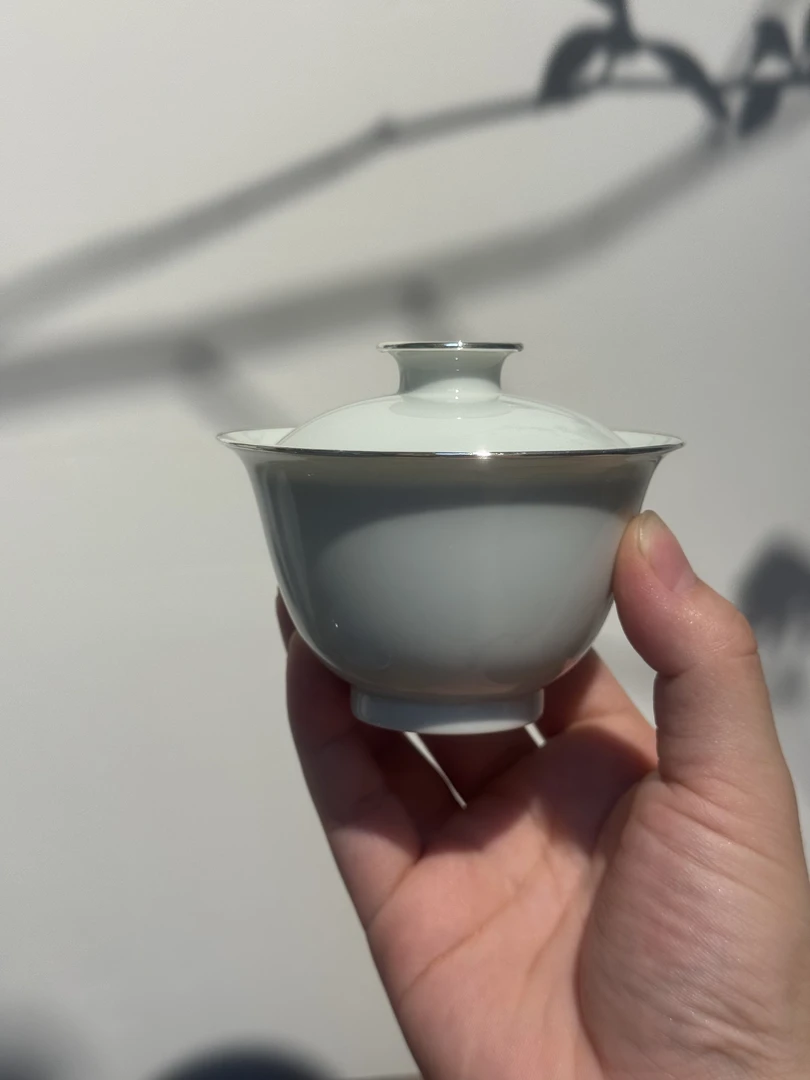景德镇纯手工高端茶器薄胎包银口盖碗岩茶二才盖碗防烫白青薄泡碗