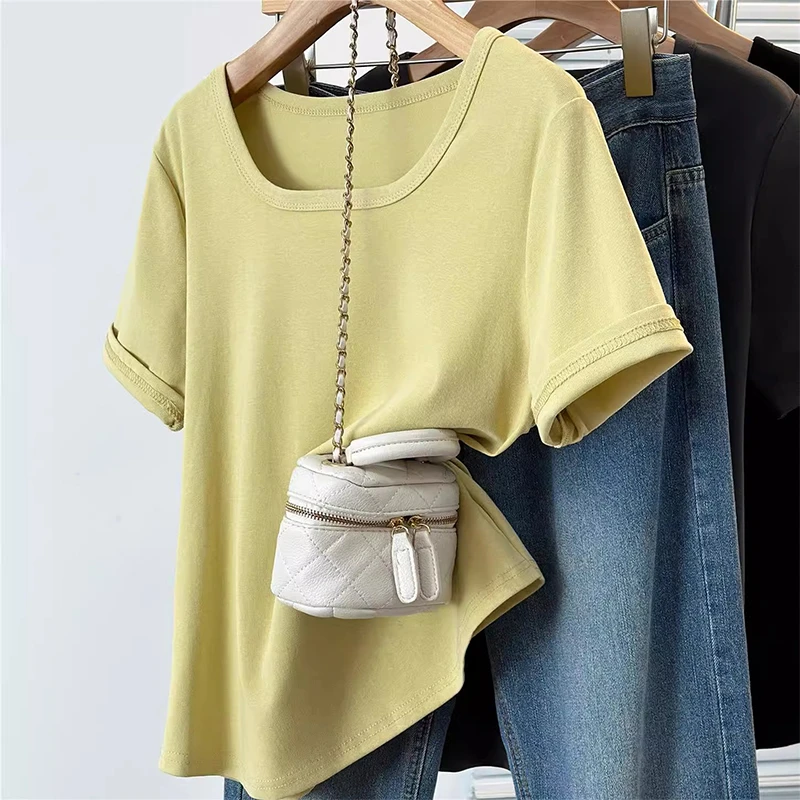 大码女装胖mm夏季正肩方领T恤女短袖简约百搭宽松遮肚子显瘦上衣