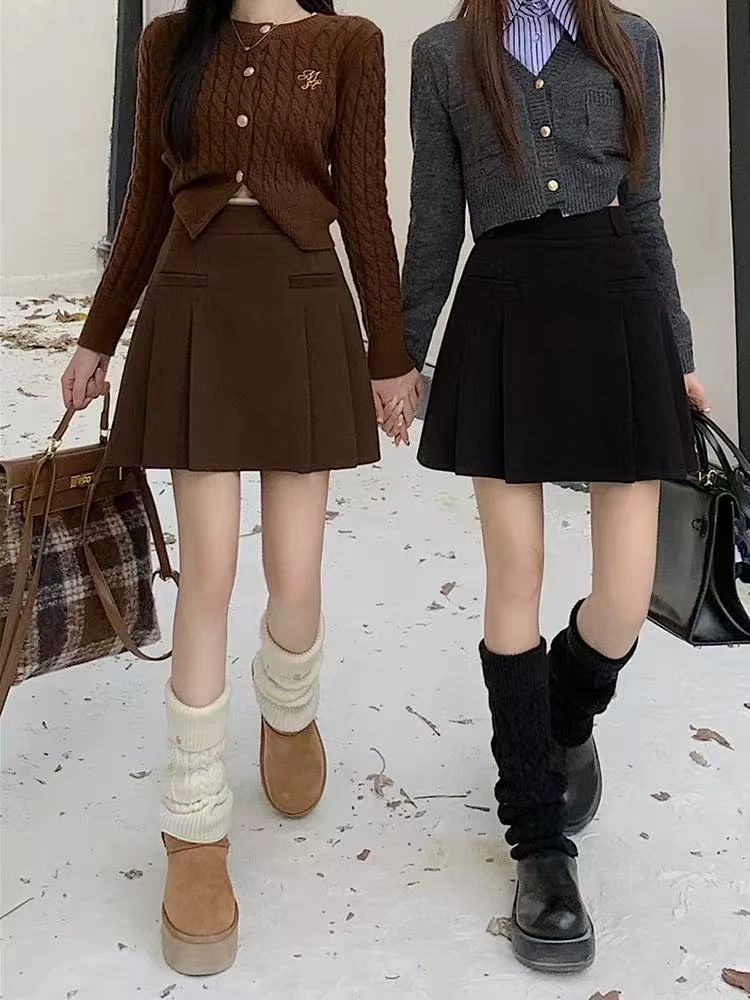 2911高腰毛呢百褶裙秋冬胖mm棕色半身裙显瘦百搭防走光A字短裙子