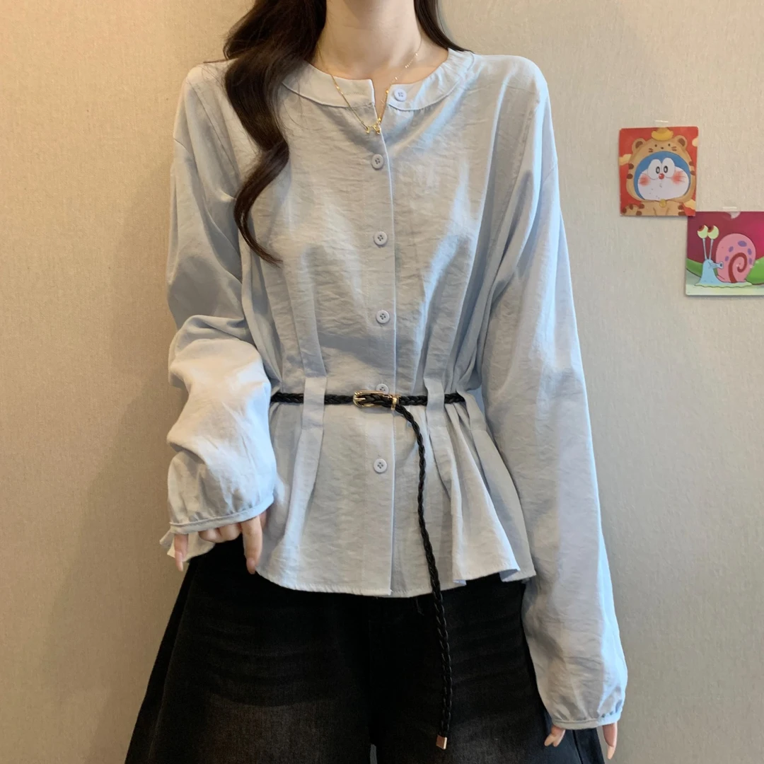 大码法式设计感系带长袖衬衫女春秋胖MM遮肚显瘦百搭洋气收腰上衣