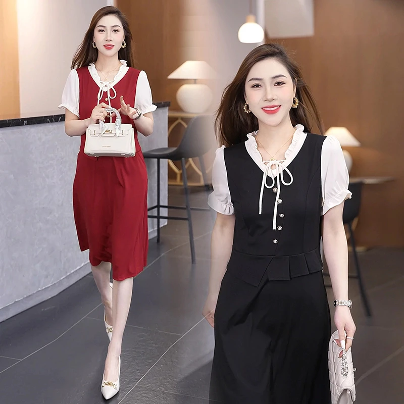 2025夏季新款韩版时尚气质显瘦百搭花边领假两件连衣裙女裙子