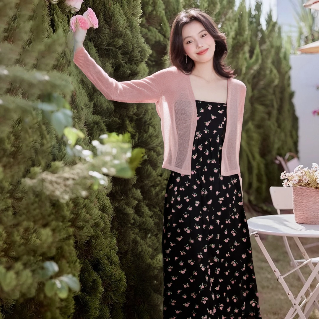 两件套温柔风连衣裙5吊带套装气质防晒开衫碎花夏季新款