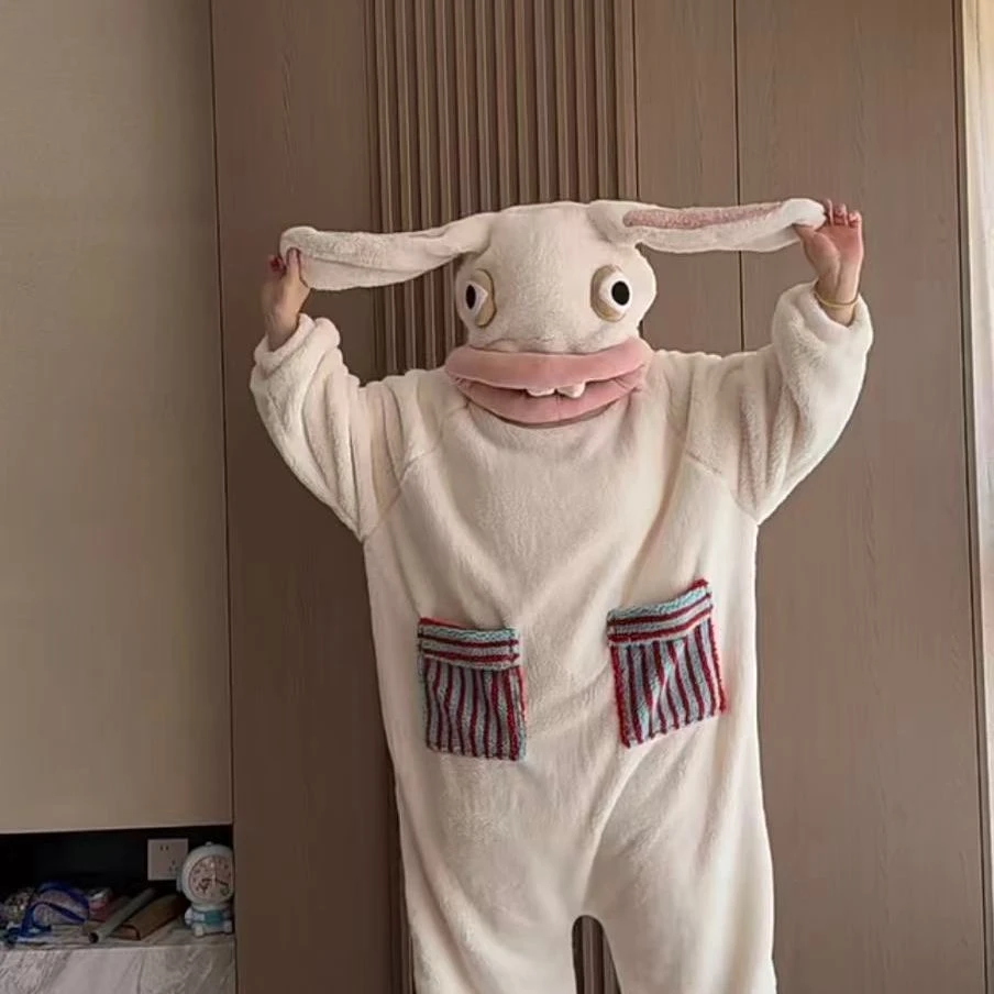 情侣连体睡衣女加厚保暖珊瑚绒睡袍可爱卡通搞怪抽象玩偶服可外穿