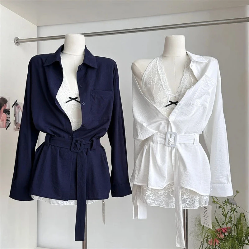 纯欲风气质套装女夏季腰带收腰衬衫一整套ootd穿搭新款蕾丝打底衫