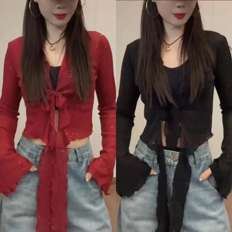 升级款爵士街舞弹力网纱亮晶晶腰搭短款纯色系带洋气百搭长袖