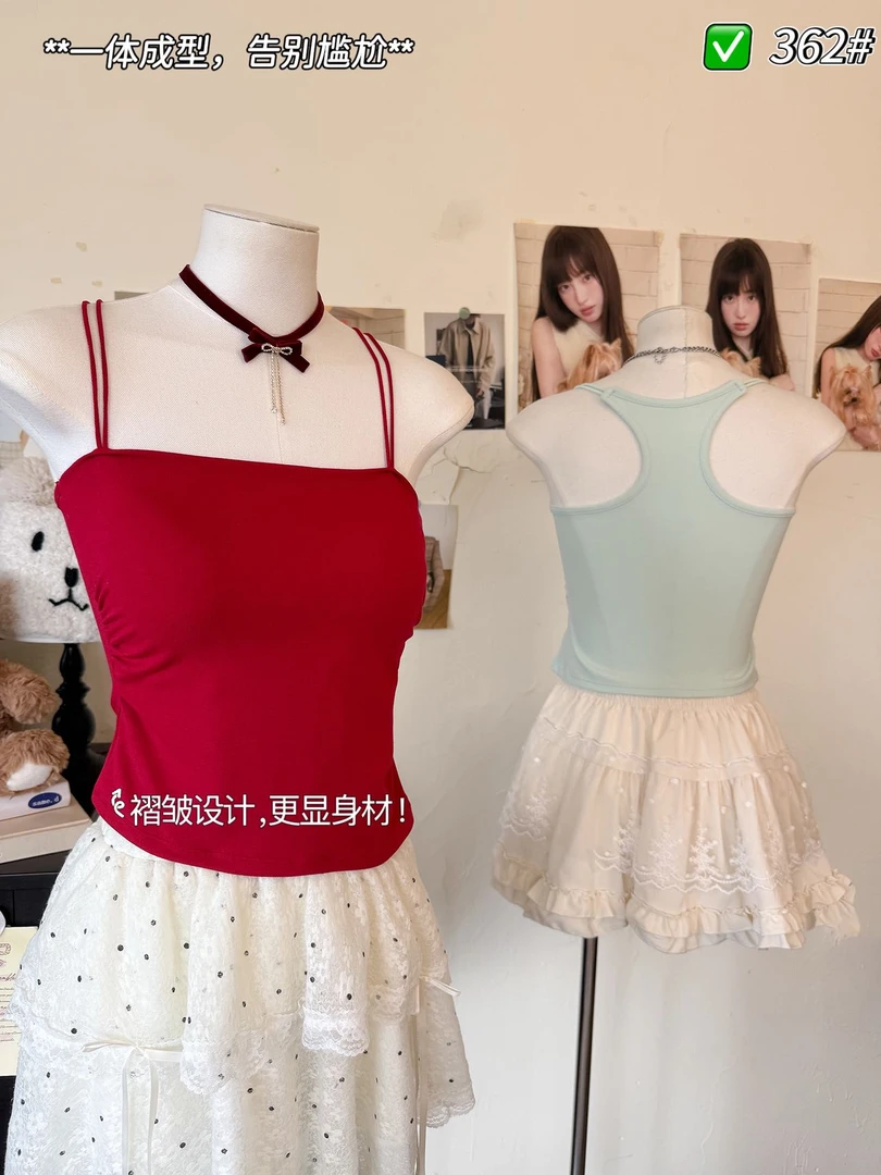 夏季辣妹外穿内搭马卡龙色褶皱显瘦小吊带背心女一体带胸垫内衣